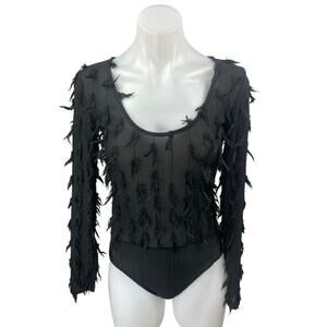Women's Black Fringe Long Sleeve Sheer Scoop Neck Slim Fit Bodysuit Top Size S